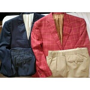 Lot of 2 Bespoke Adrian Jules Men's Suits Red Plaid Sport Coat Navy Pinstripe 42
